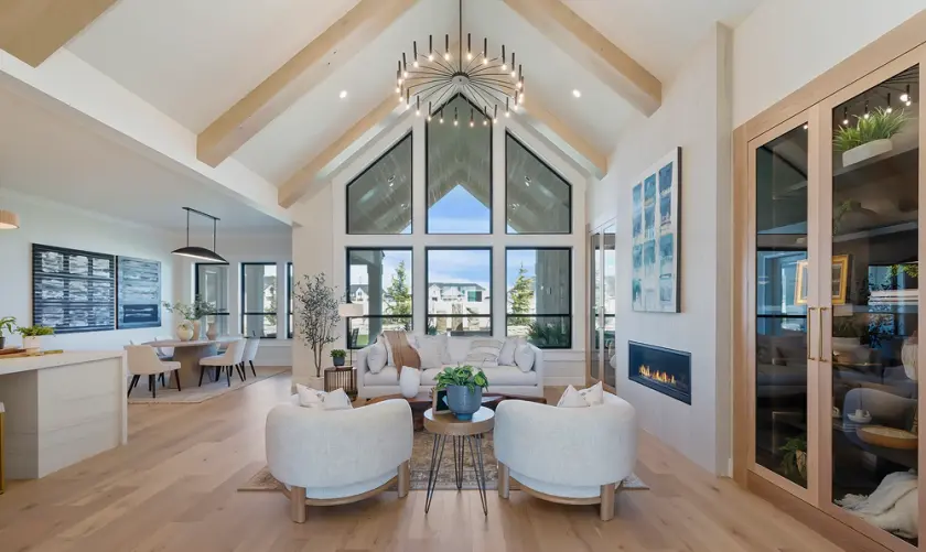 Contemporary chandelier in a vaulted living room